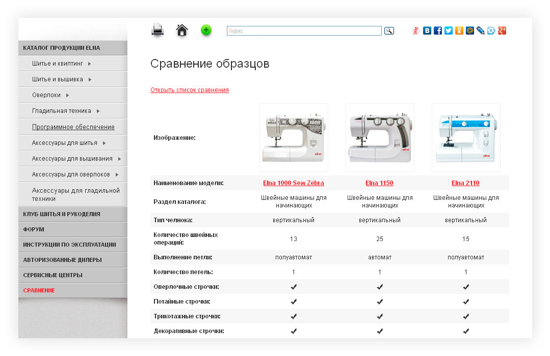 Страница сравнения товаров сайта дистрибьютера 'ELNA' - компании 'Elfort'
